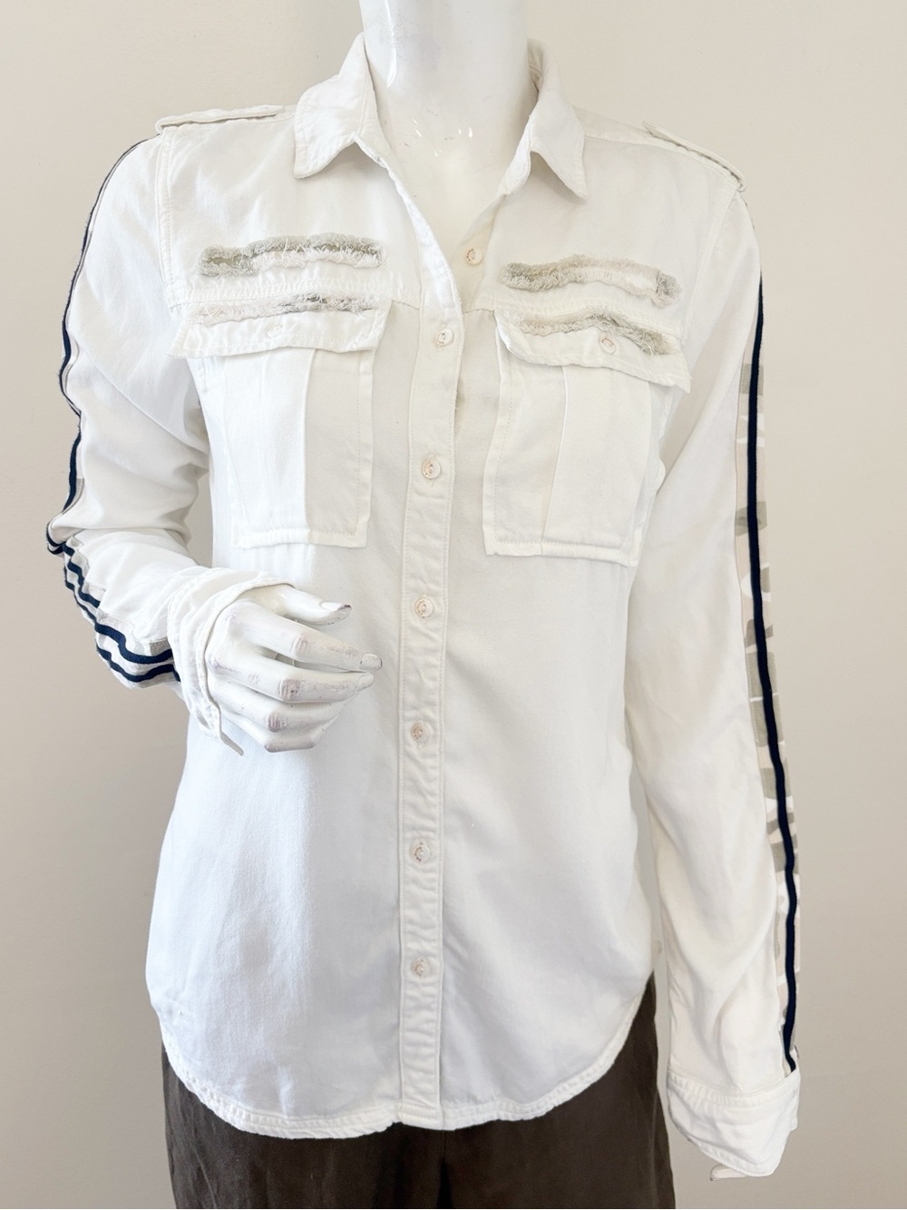 Da-Nang White Tensel Button-Down Utility Shirt w Sporty Camo & Stripe Sleeves